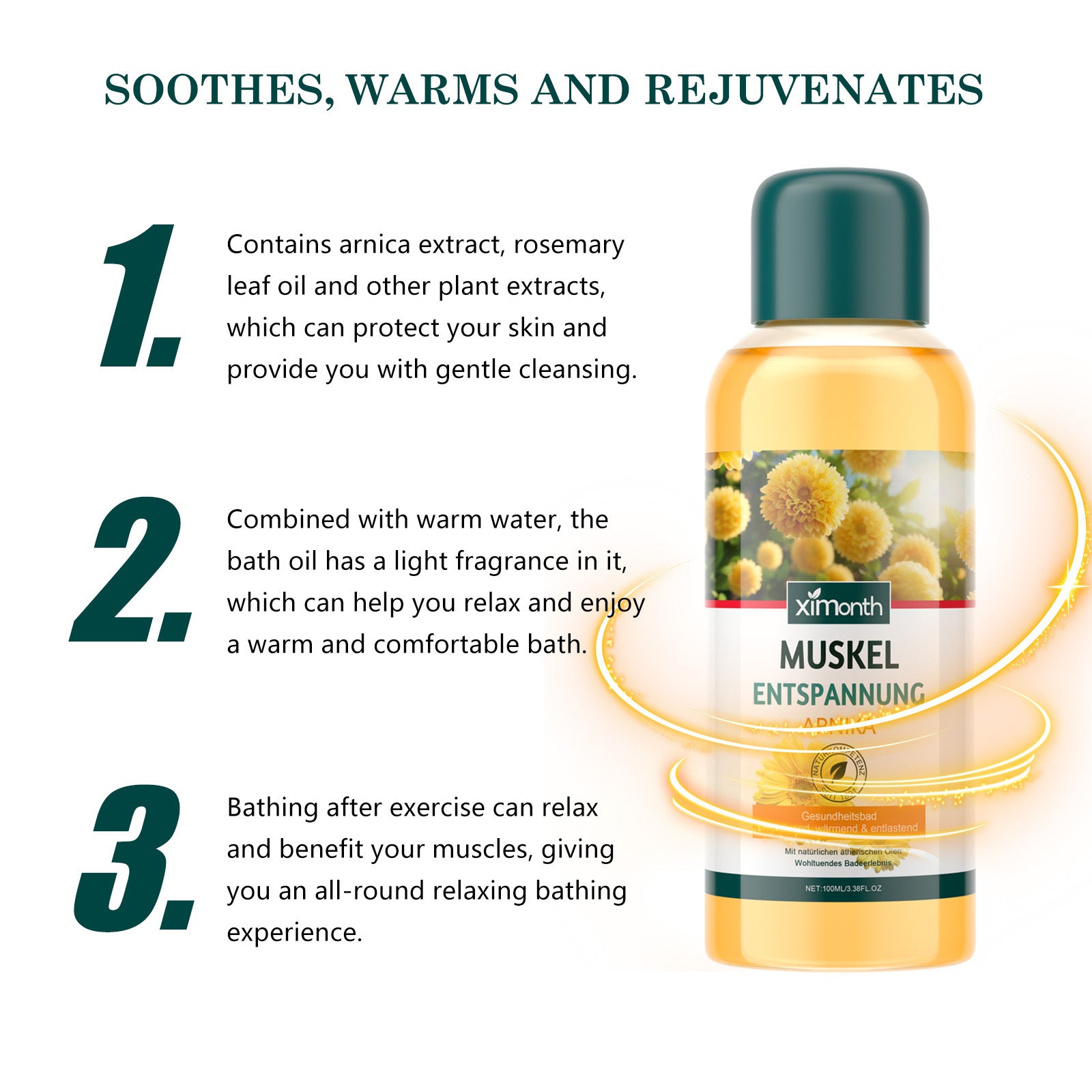 Ximonth Arnica Muscle Relaxation Bath Oil 100ml - Warming Soothing Health Bath with Natural Essential Oils - Microplastic Free Formula for Post-Workout Recovery & Muscle Relief