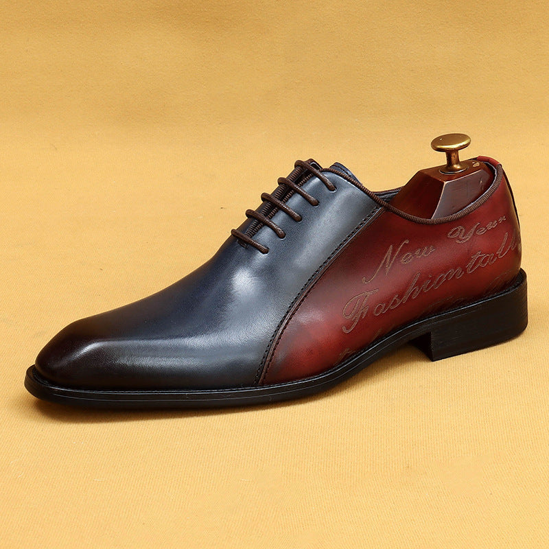 Men's Two-Tone Navy Blue & Burgundy Leather Oxford Dress Shoes | Script Embossed Lace-Up Formal Shoes