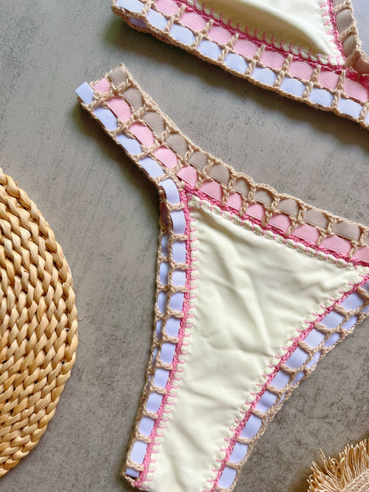 Cream Crochet Trim Bikini Set | Boho Triangle Top & High Cut Bottoms | Ivory Pink Handcrafted Woven Two Piece Swimsuit Women
