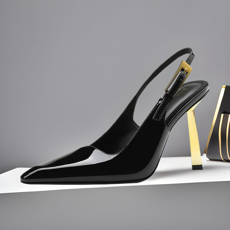 Black Patent Leather Pointed Toe Slingback Pumps with Gold Blade Metal Heel & Gold Buckle | Luxury Designer Heels for Women