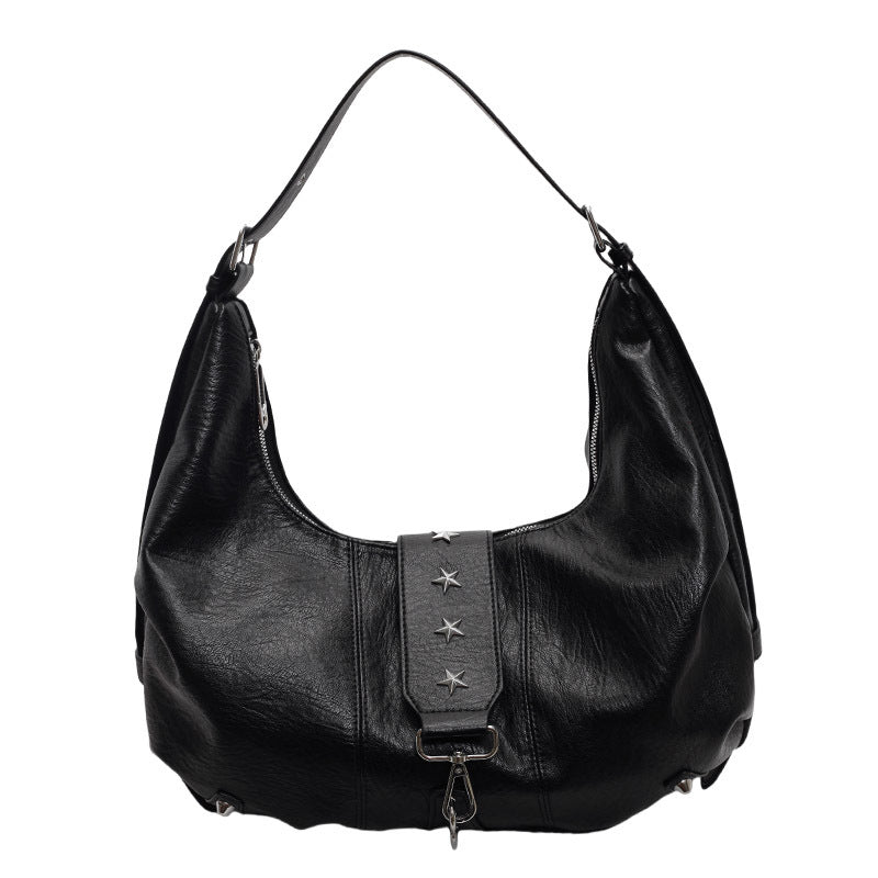 Black Leather Hobo Bag with Star Studs | Slouchy Shoulder Bag with Zip Detail