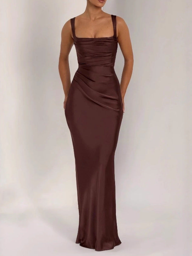 Women's Navy Blue Satin Maxi Dress | Square Neck Ruched Bodycon Formal Gown with Gloves | Elegant Evening Prom Wedding Dress