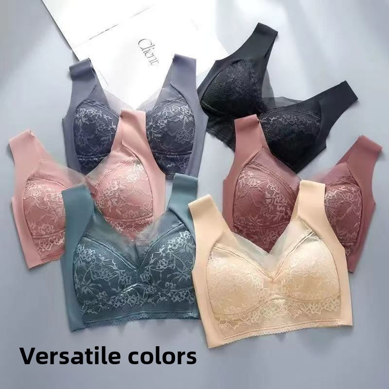 Women's Blue Lace Wireless Bralette with Wide Straps, Floral Lace Cups and V Neckline for Everyday Comfort