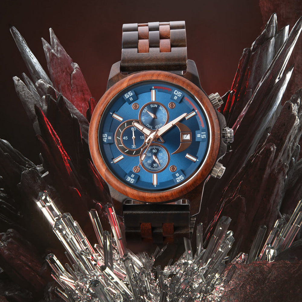 Men's Wooden Chronograph Watch | Blue Dial Rose Gold Sandalwood Day Date Sport Watch