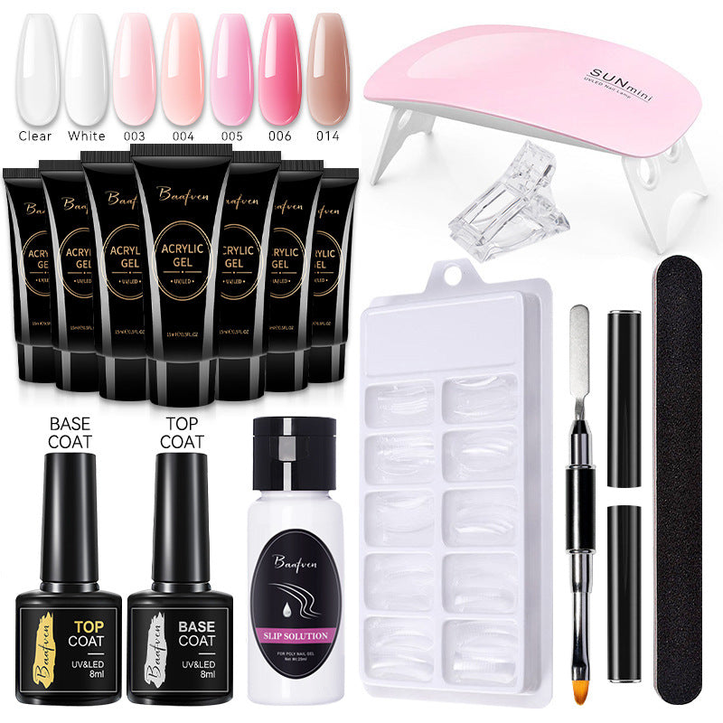 Baafven 11PCS Acrylic Gel Nail Extension Kit | Poly Gel Set with UV LED Nail Lamp, Top & Base Coat, Nail Forms & Tools