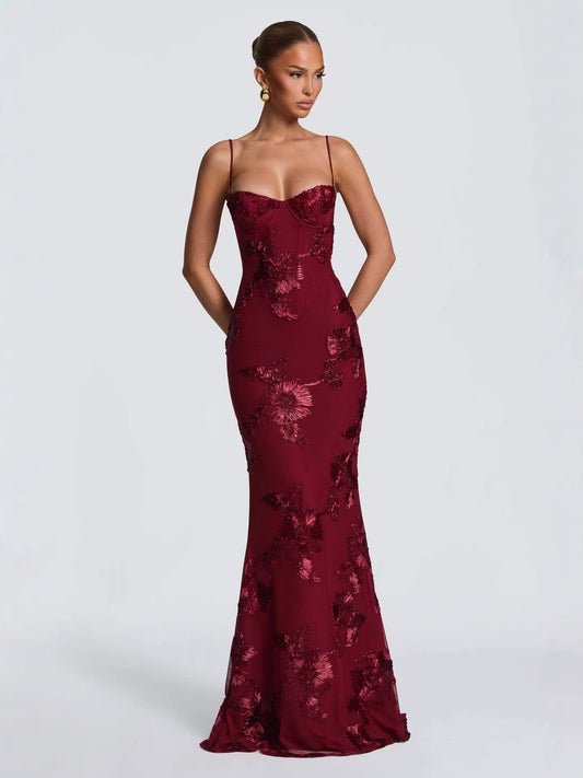 Women's Mauve Purple Floral Sequin Mermaid Gown - Spaghetti Strap Sweetheart Corset Bodycon Maxi Dress - Luxury Embellished Evening Gown for Gala, Prom, Wedding & Red Carpet