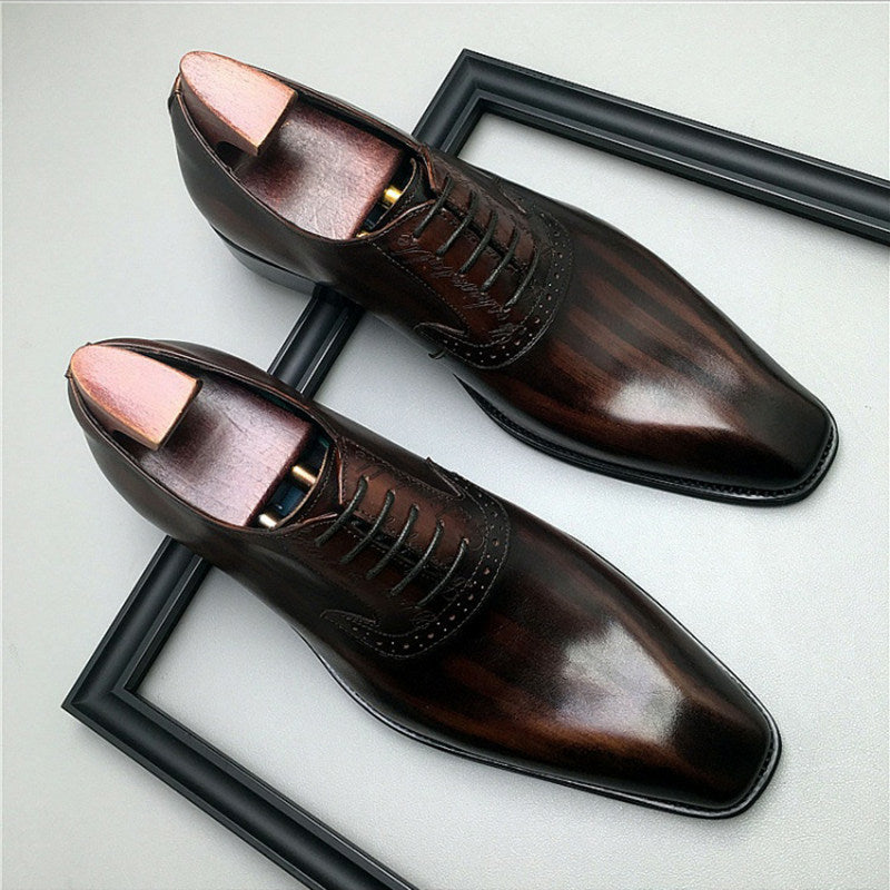 Men's Dark Burgundy Brown Burnished Brogue Oxford Dress Shoes | Luxury Square Toe Leather Lace-Up Formal Shoes