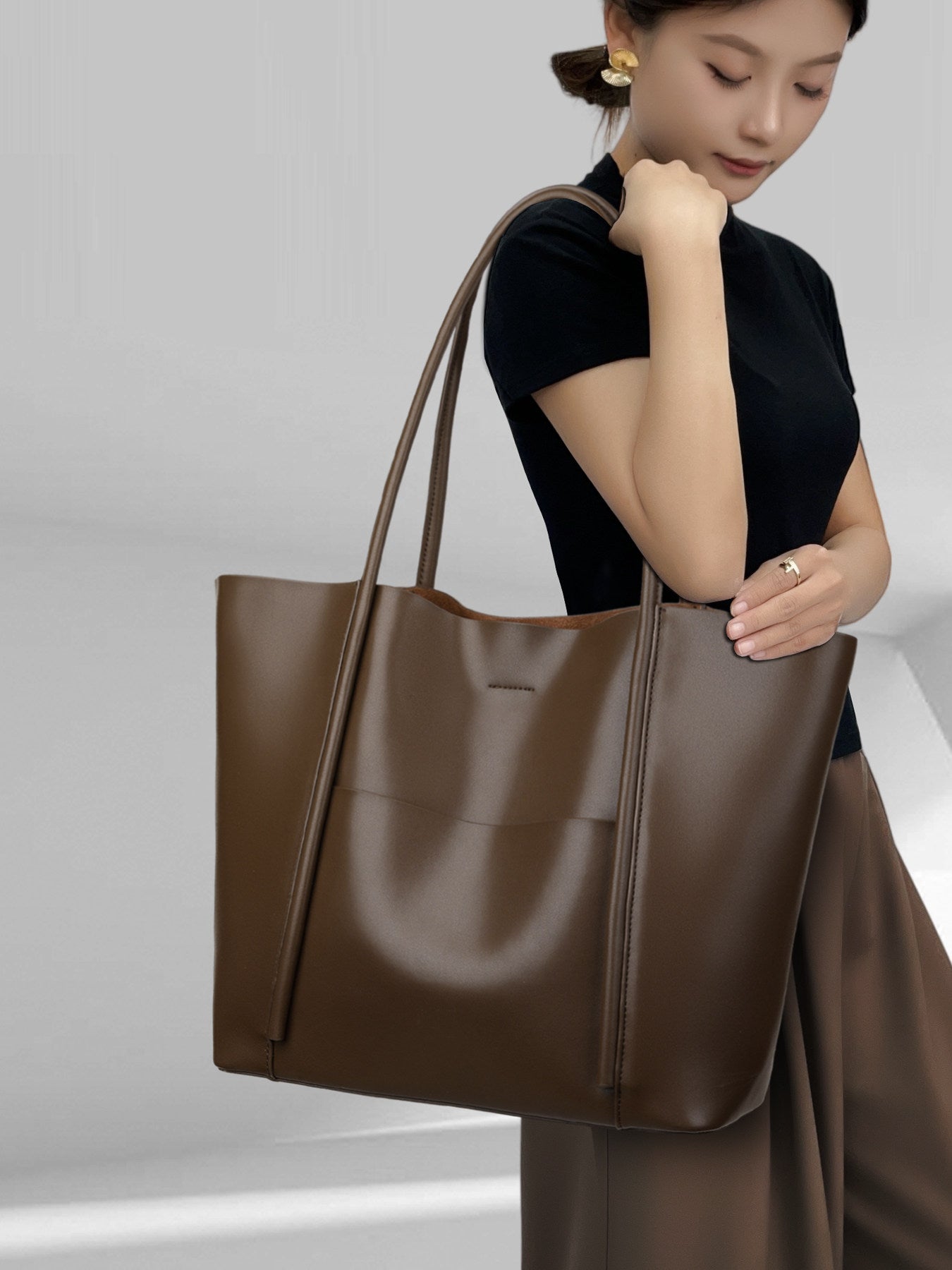 Black Leather Large Tote Bag with Front Pocket | Minimalist Shoulder Bag