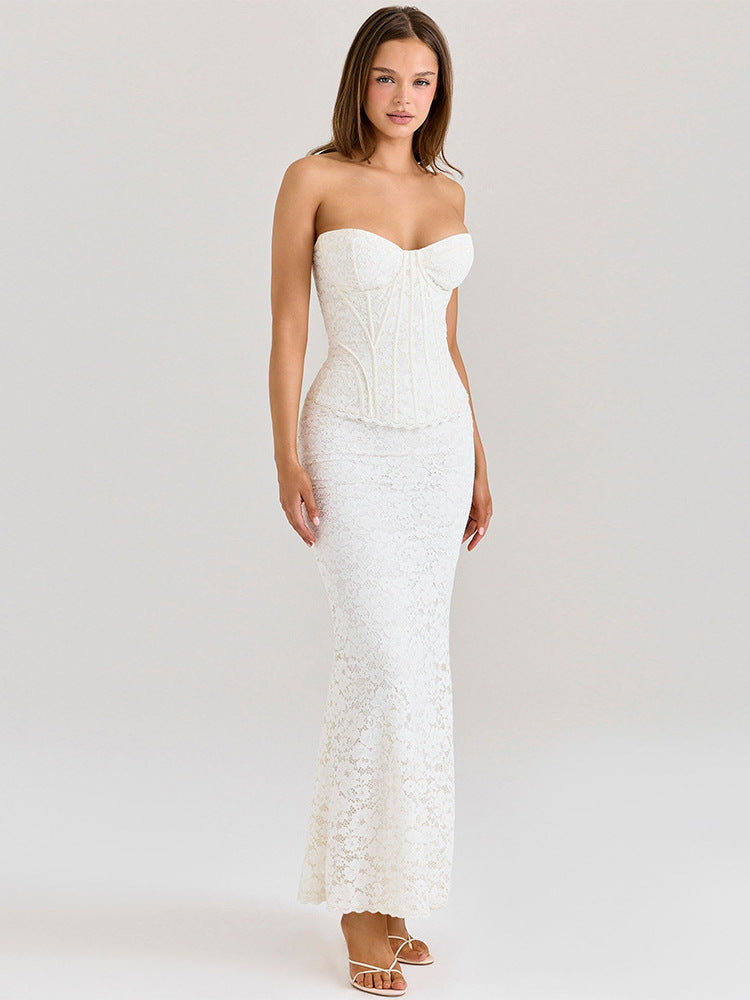 White Lace Corset Maxi Dress | Strapless Sweetheart Mermaid Bridal Wedding Guest Formal Gown