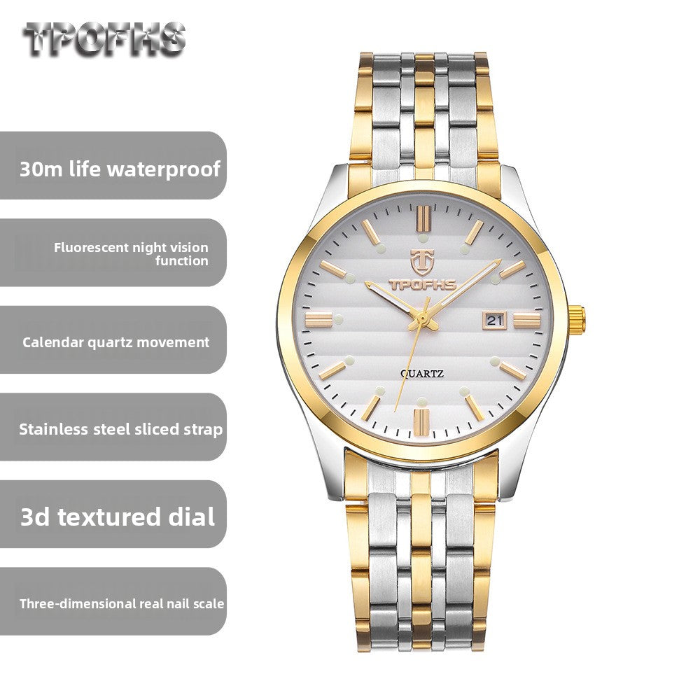 TROFHS Men's Quartz Watch | White Striped Dial | Brushed Stainless Steel Bracelet | Classic Silver Dress Watch with Date Window