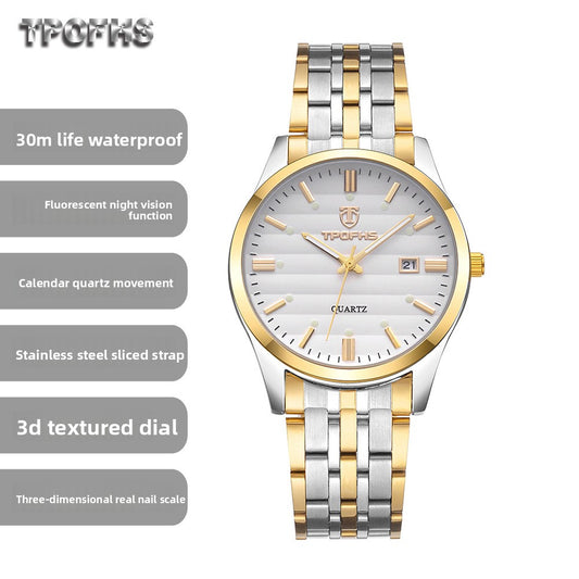 TROFHS Men's Quartz Watch | White Striped Dial | Brushed Stainless Steel Bracelet | Classic Silver Dress Watch with Date Window