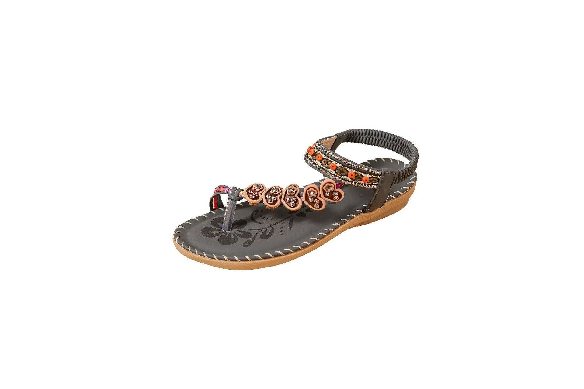 Women's Tan Boho Beaded Thong Sandals ? Ethnic Floral Rhinestone Elastic Ankle Strap Flat Summer Shoes