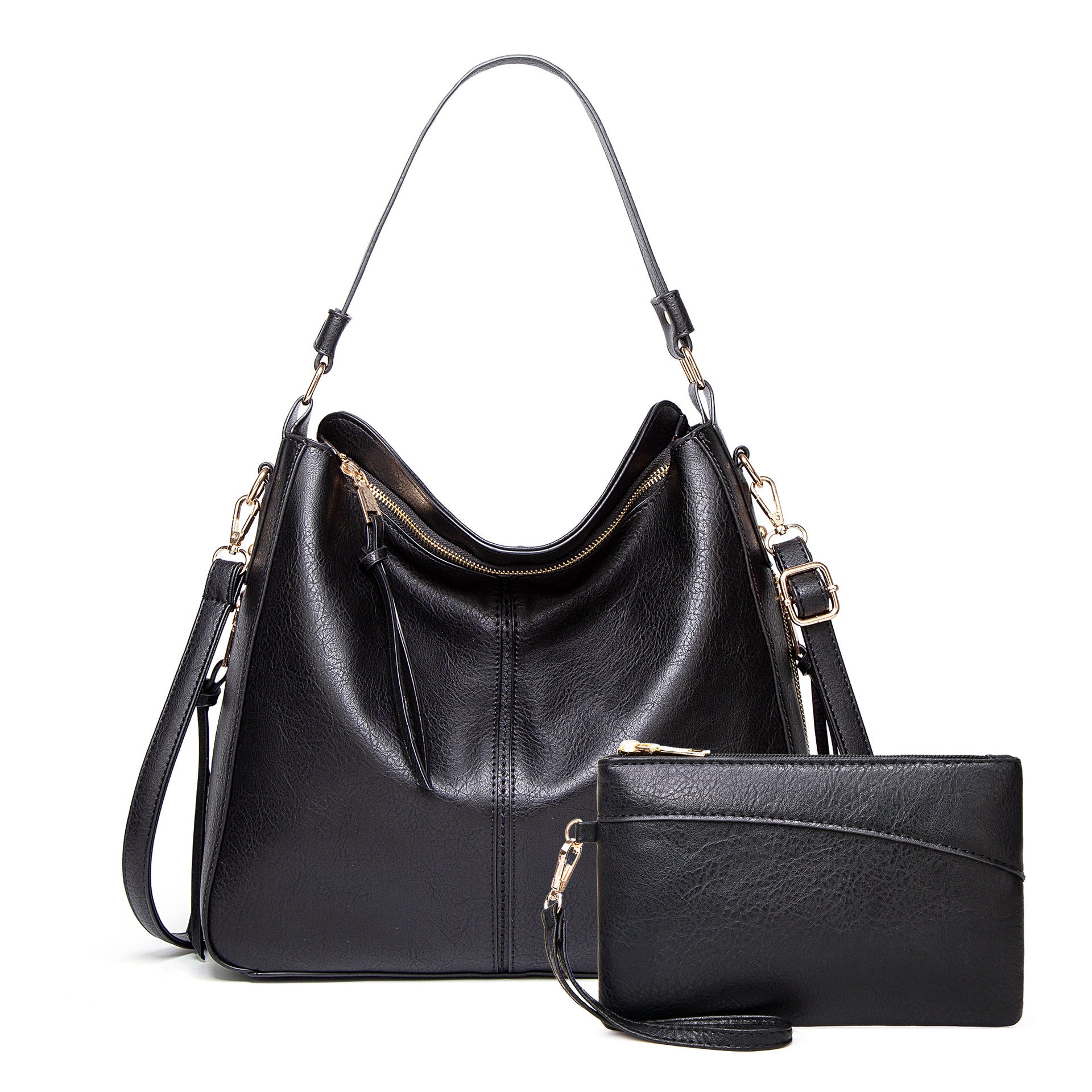 Black Leather Hobo Bag Set - 2 Piece Slouchy Shoulder Bag with Matching Clutch Wallet | Convertible Crossbody Purse with Gold Hardware