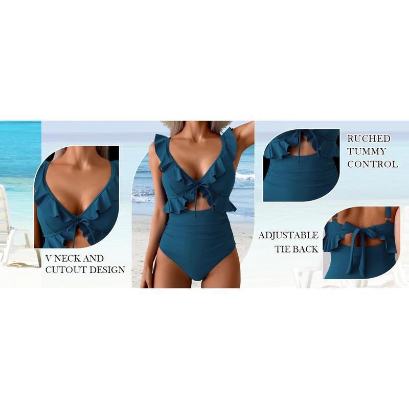 Teal Ruffle V-Neck Tie Front Cutout One Piece Swimsuit | High Waist Ruched Monokini | Women's Elegant Swimwear