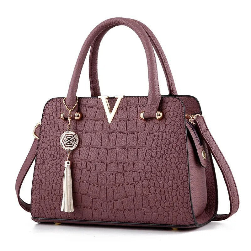 Black Crocodile Pattern Handbag with Gold V Hardware & Tassel | Luxury Women's Shoulder Satchel
