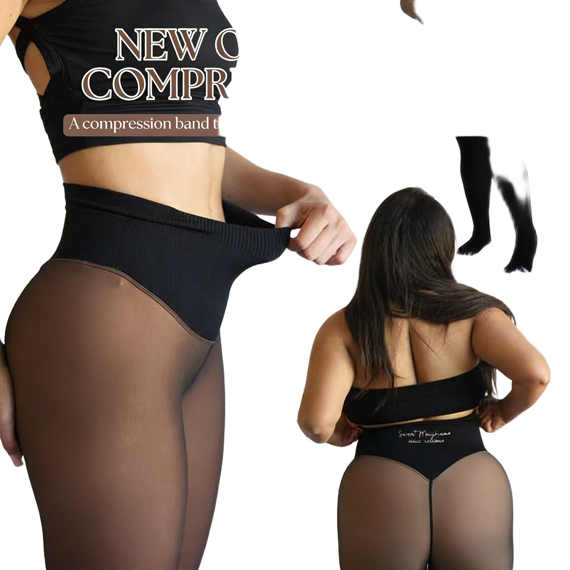 Women's Shaping Tights with Compression Band | One Seam High Waist Waist-Snatching Sheer Tights | Tummy Control Pantyhose