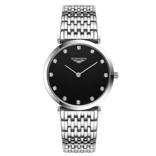 GUANQIN Women's Ultra-Thin Silver Watch | White Diamond Crystal Marker Dial Stainless Steel Minimalist Quartz Watch
