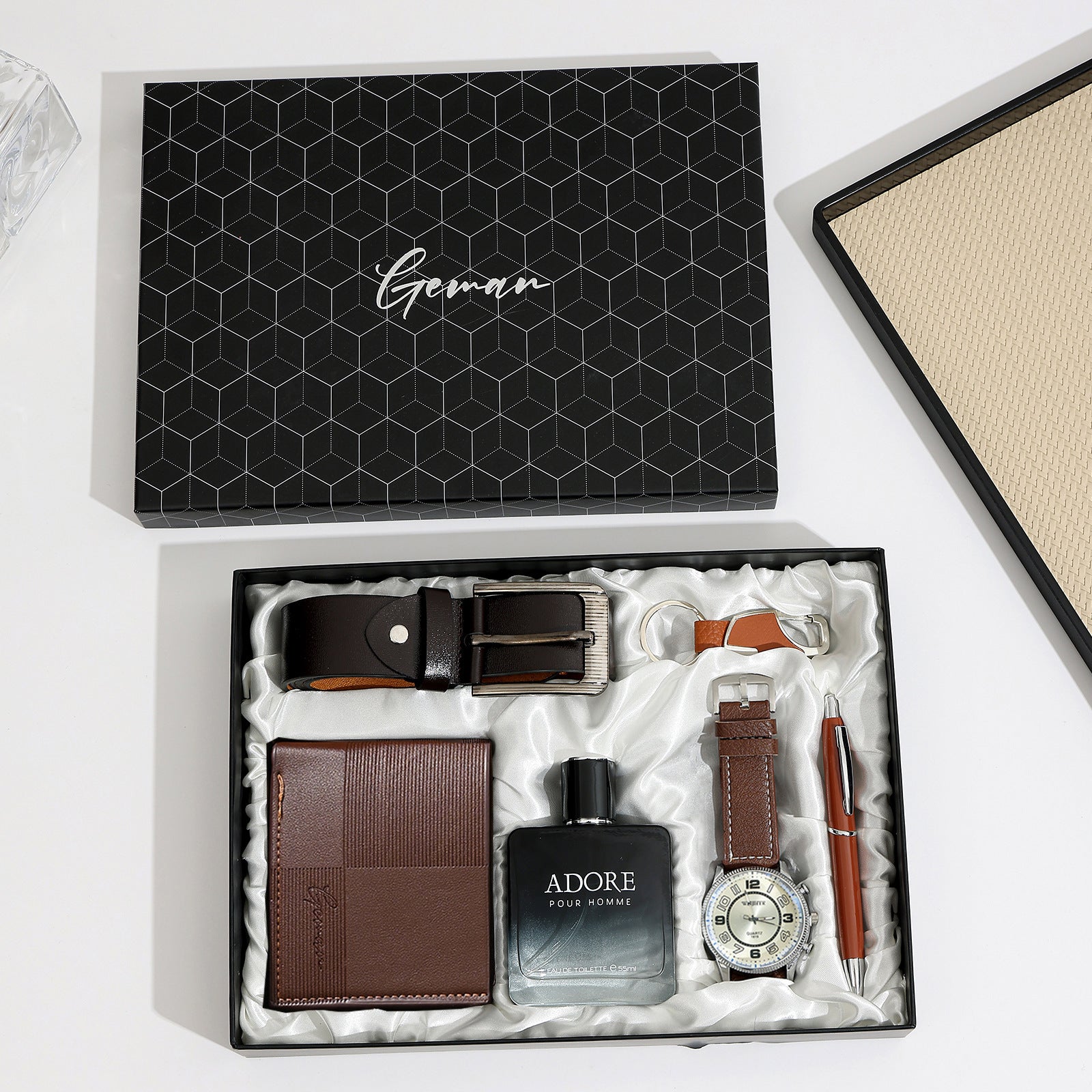 Geman Men's Luxury Gift Set – 6-Piece Black Leather Belt, Wallet, Watch, Bracelet, Keychain & Pen Box Set | Premium Men's Gift