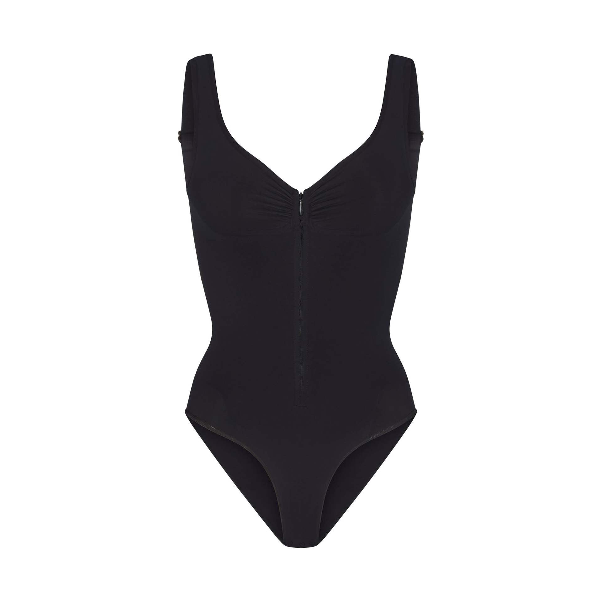 Womens Seamless Tummy Control Bodysuit Shapewear with Zipper Front Deep V Neck Adjustable Straps Thong Body Shaper in Nude and Black