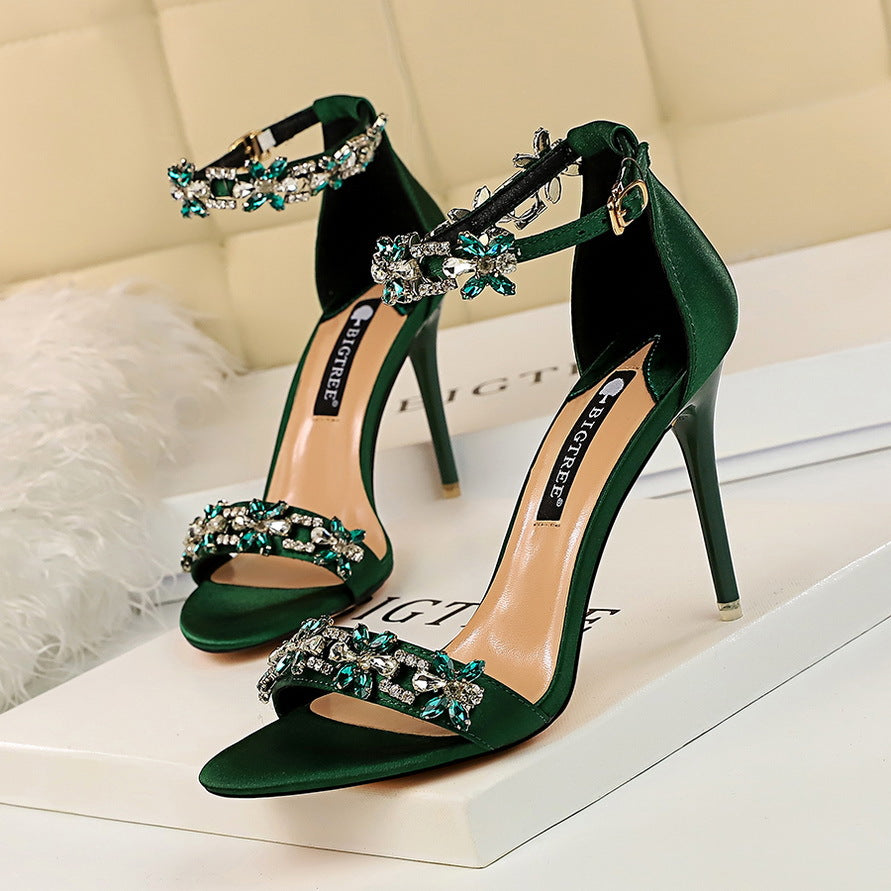 Emerald Green Satin Crystal Rhinestone Ankle Strap Stiletto Sandals | Women's Jeweled Open Toe High Heel Shoes