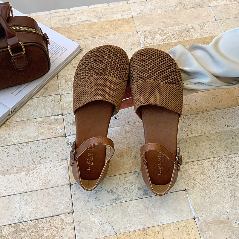 Tan Brown Mesh Cutout Flat Sandals for Women | Breathable Hollow Out Ankle Strap Flat Shoes | Casual Summer D'Orsay Sandals | Comfortable Everyday Flat Sandals