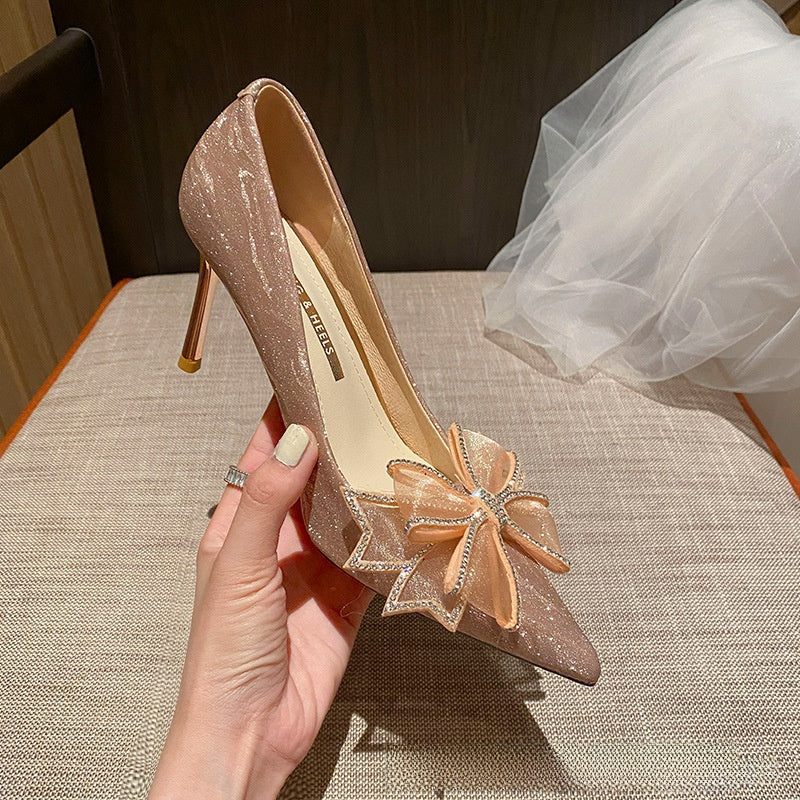 Champagne Gold Shimmer Stiletto Pumps with Crystal Bow Detail | Pointed Toe Luxury Heels for Women | Bridal Wedding Prom Evening Shoes