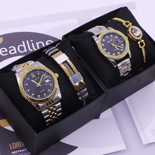YLISTH Men's 2-Piece Watch & Bracelet Gift Set | Two-Tone Gold Silver | Black Diamond Dial Quartz Watch | Fluted Bezel Jubilee Bracelet Luxury Box Set