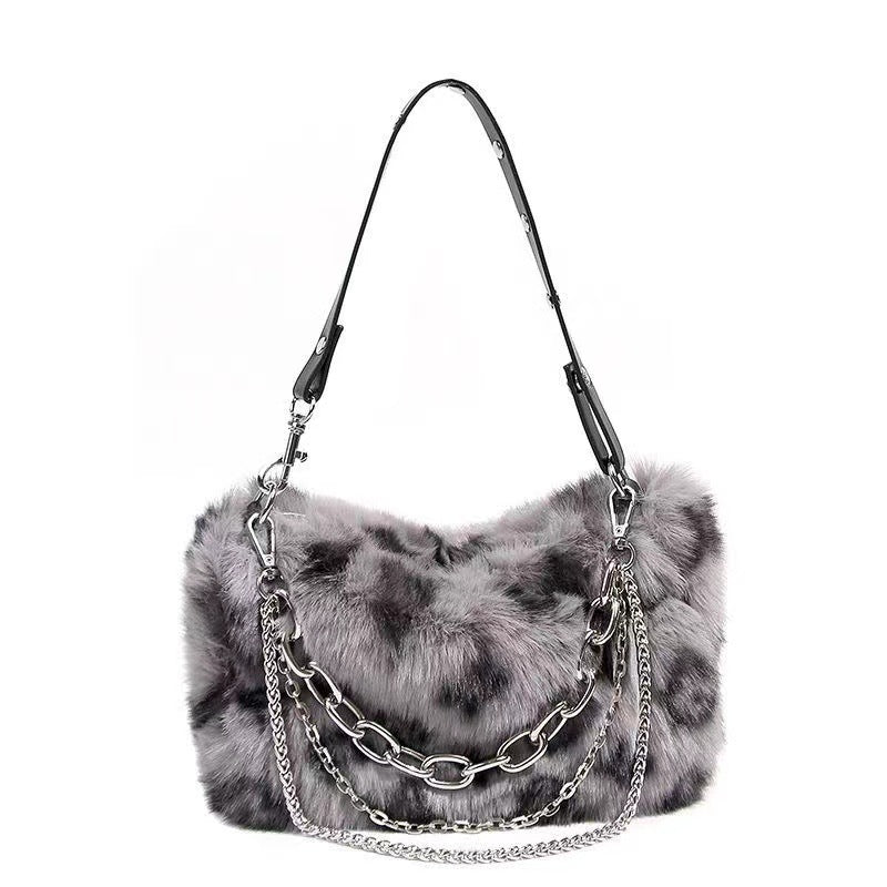 Gray Faux Fur Handbag with Silver Chain | Fluffy Shoulder Bag