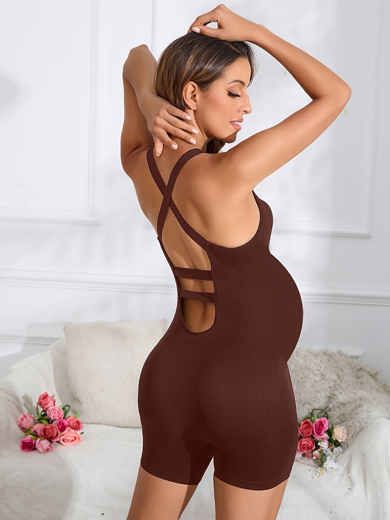 Black Maternity Romper | Seamless Sleeveless Bodysuit Jumpsuit | Pregnancy Active Wear