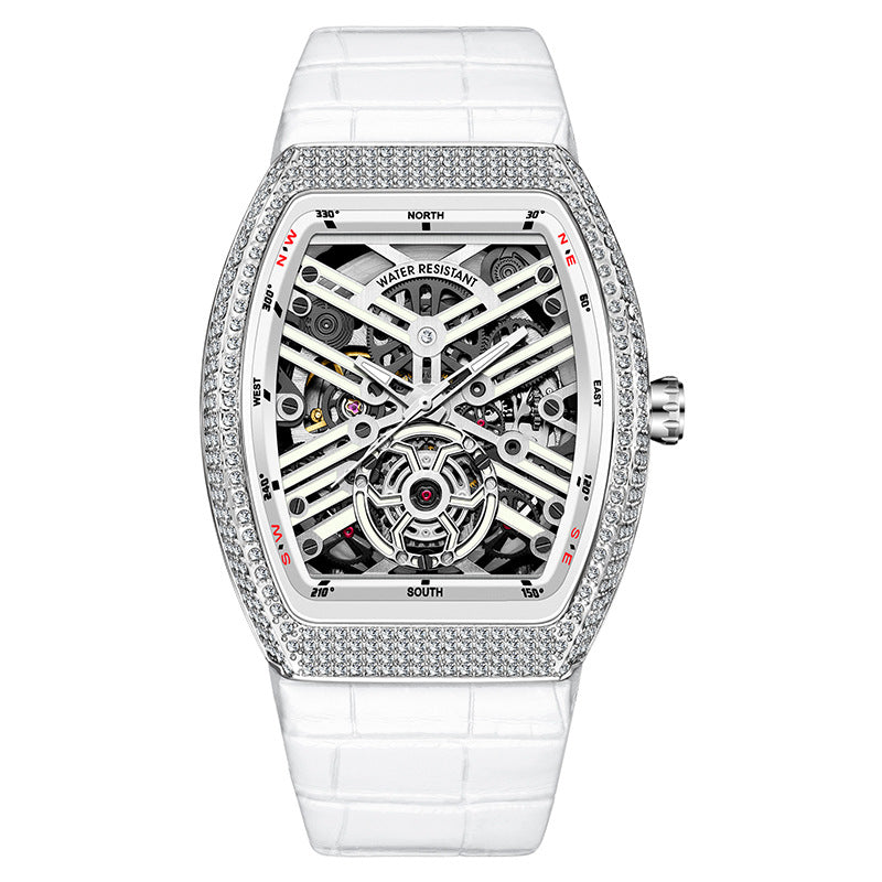 Iced Out Tonneau Skeleton Men's Watch | Diamond Pave Bezel Black Dial Circuit Movement Compass Leather Strap Luxury Timepiece
