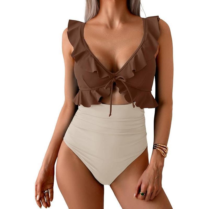 Teal Ruffle V-Neck Tie Front Cutout One Piece Swimsuit | High Waist Ruched Monokini | Women's Elegant Swimwear
