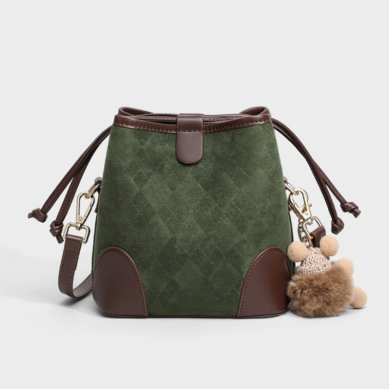 Green Suede Bucket Bag with Brown Leather Trim & Bear Charm | Classic Design Vocation Crossbody