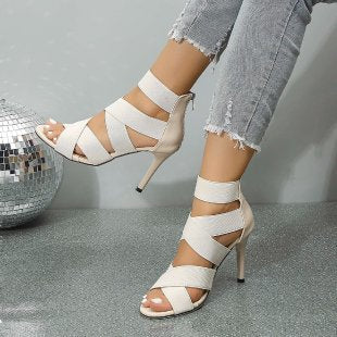 Black Strappy Stiletto Heel Sandals for Women | Elastic Band Open Toe High Heel Sandals | Zip Back Ankle Cuff Stiletto Heels | Sexy Elegant Party Evening Heels