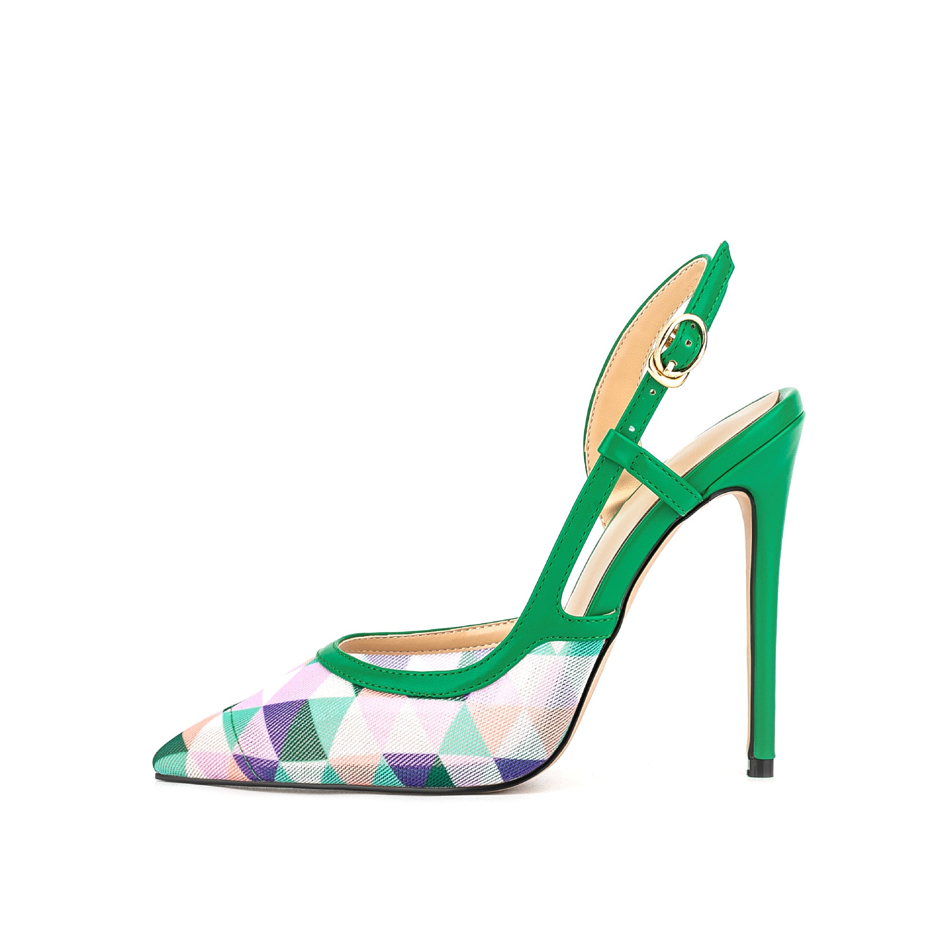 Hot Pink Geometric Print Pointed Toe Slingback Stiletto Heels | Women's Colorful T-Strap High Heel Pumps