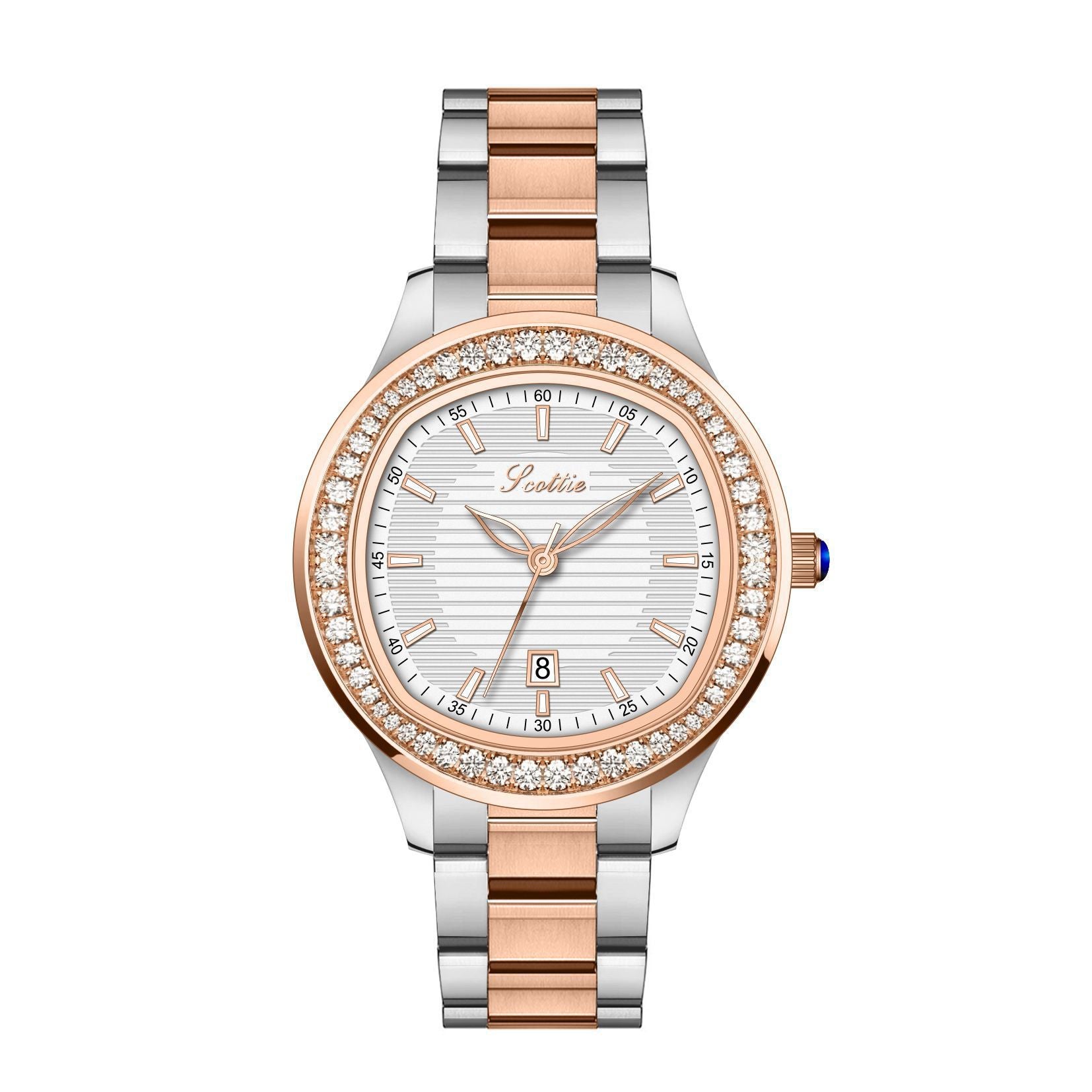Scottie Crystal Bezel Watch Women | Silver Textured Dial | Black Crocodile Leather Strap | Date Display Elegant Dress Watch