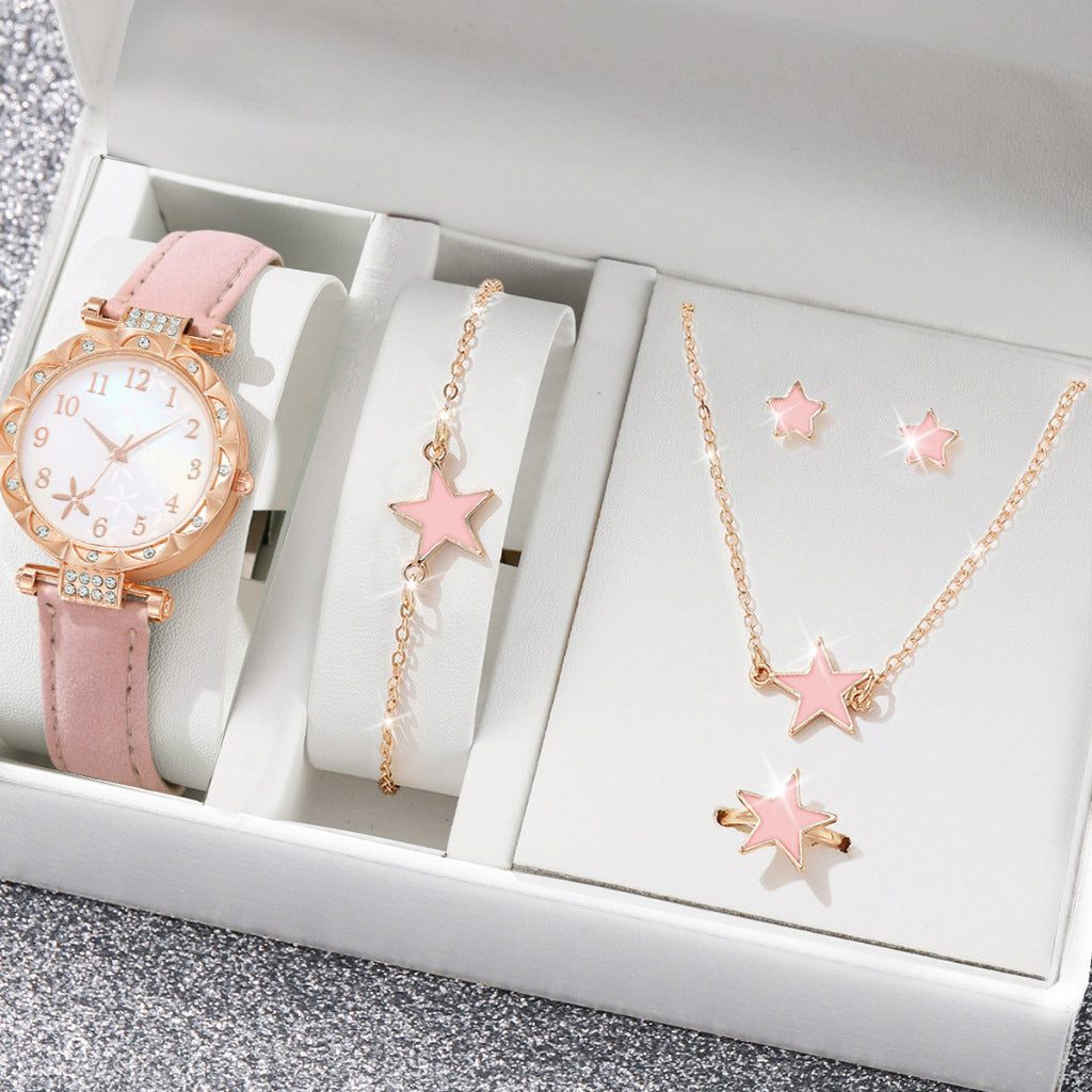 Women's Rose Gold Diamond Watch & Pearl Jewellery Gift Set | 6 Piece White Leather Strap Watch Necklace Earring Bracelet Ring Set