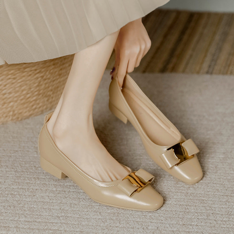 Beige Bow Flat Pumps Women Square Toe Low Heel Dress Shoes Slip-On Office Work Loafers