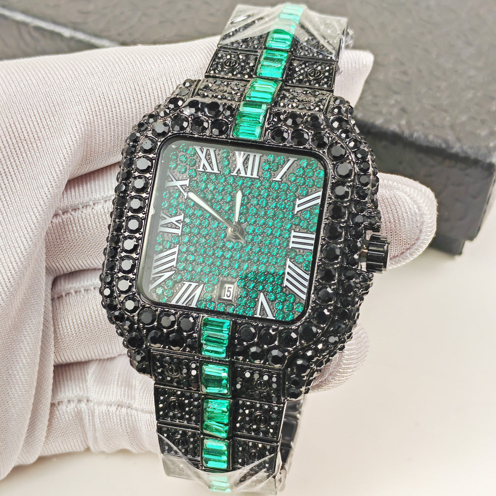 Iced Out Square Watch Men | Black CZ Blue Sapphire Baguette | Roman Numeral Blue Pave Dial | Hip Hop Luxury Date Watch