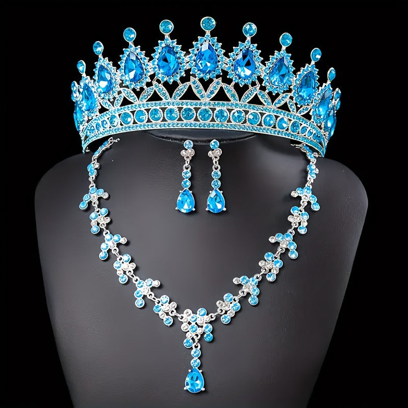 Bridal Crown Jewelry Set | Crystal Tiara Necklace & Earrings | Wedding Queen Accessories