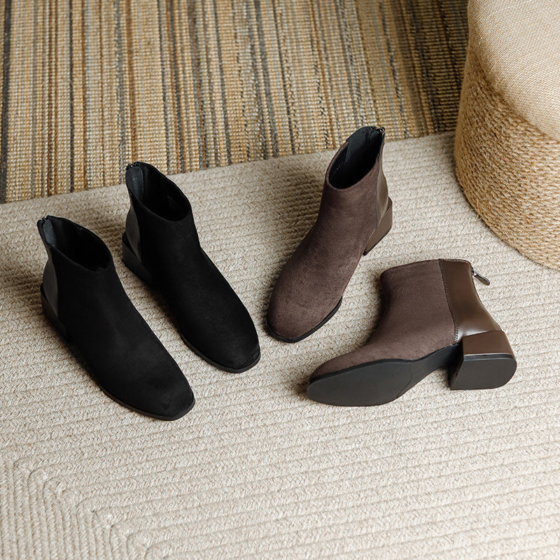 Black Suede Block Heel Ankle Boots | Women's Zip-Up Pointed Toe Booties