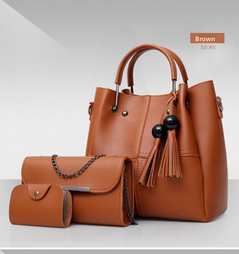 Black Leather Handbag Set 3-Piece with Tote, Chain Bag & Wallet | Women's Bag Collection
