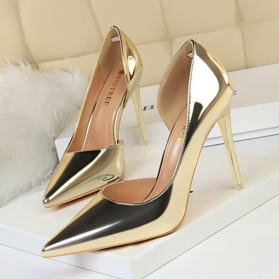 Black Patent Leather D'Orsay Stiletto Pumps Women Pointed Toe Cut Out High Heel Office Party Dress Shoes