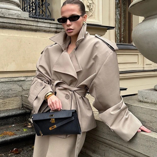 Oversized Khaki Trench Coat Women | Belted Short Trench Jacket with Lapel & Epaulettes | Elegant Outerwear