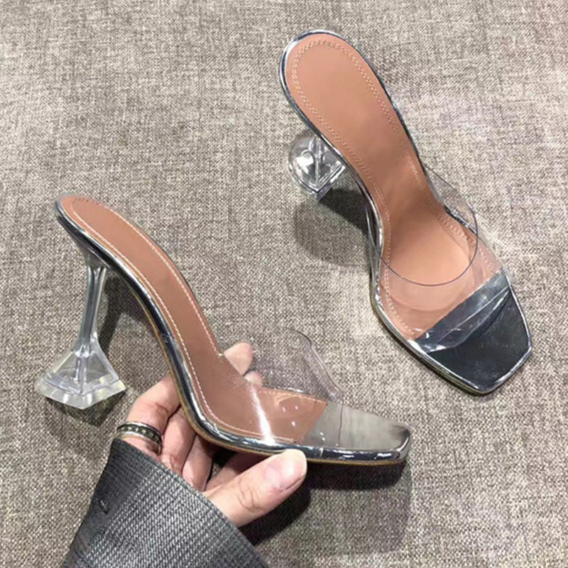 Clear PVC Transparent Sculptural Flared Heel Mule Sandals | Women's Lucite Open Toe Slip-On High Heel Shoes