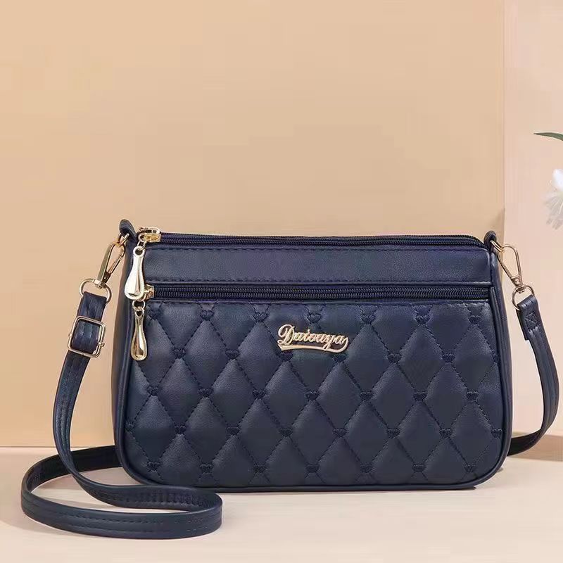 Navy Blue Quilted Crossbody Bag - Diamond Pattern Shoulder Bag with Double Zipper | Structured Small Purse with Gold Hardware