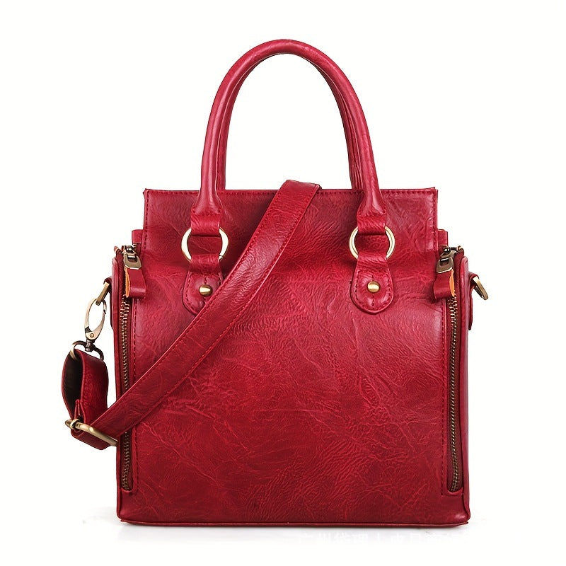 Black Structured Tote Satchel Handbag | Top Handle & Crossbody Strap | Gold Hardware Side Zip Women's Bag