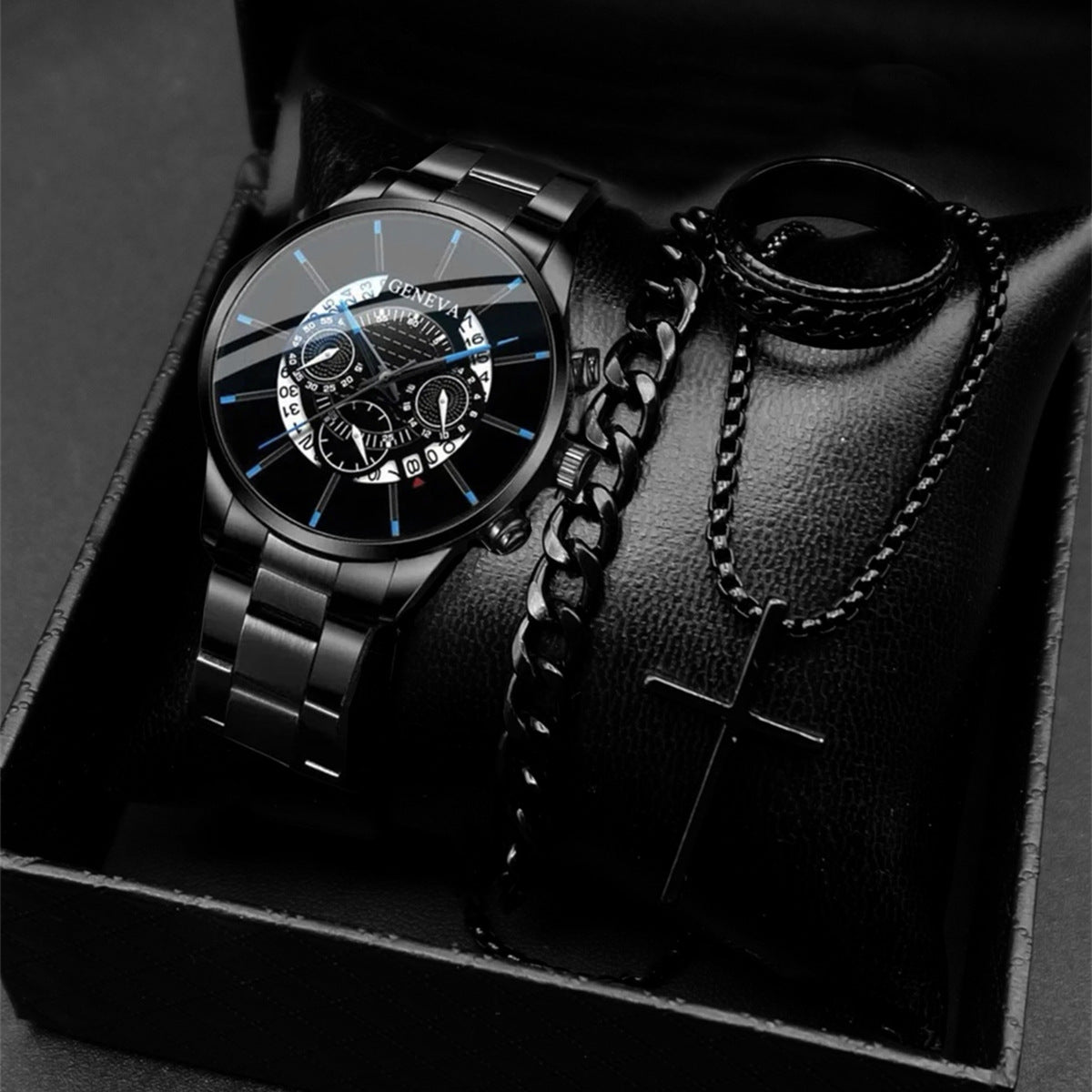 Geneva Men's 3-Piece Black Gift Set | Chronograph Watch + Cuban Link Bracelet + Cross Necklace Luxury Jewelry Box
