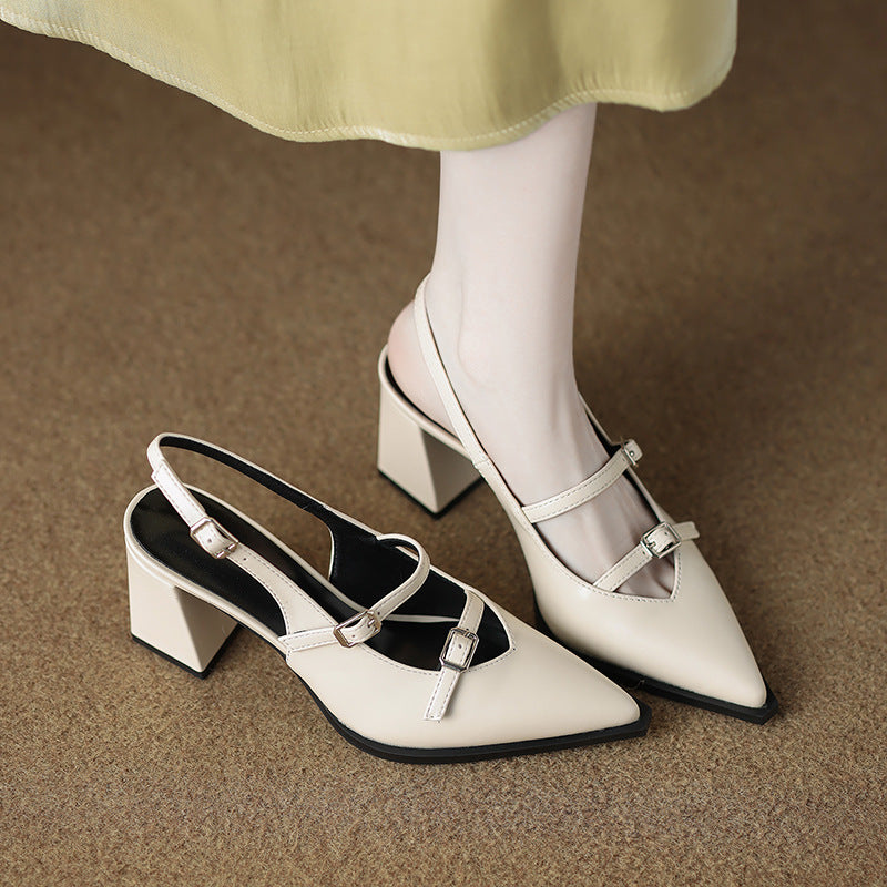 Black Leather Double Buckle Strap Pointed Toe Slingback Block Heel Pumps | Women's Mary Jane Style Mid Heel Shoes