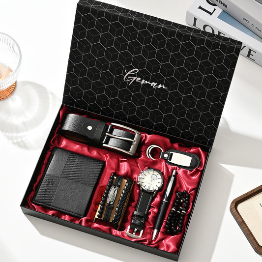 Geman Men's Luxury Gift Set – 6-Piece Black Leather Belt, Wallet, Watch, Bracelet, Keychain & Pen Box Set | Premium Men's Gift