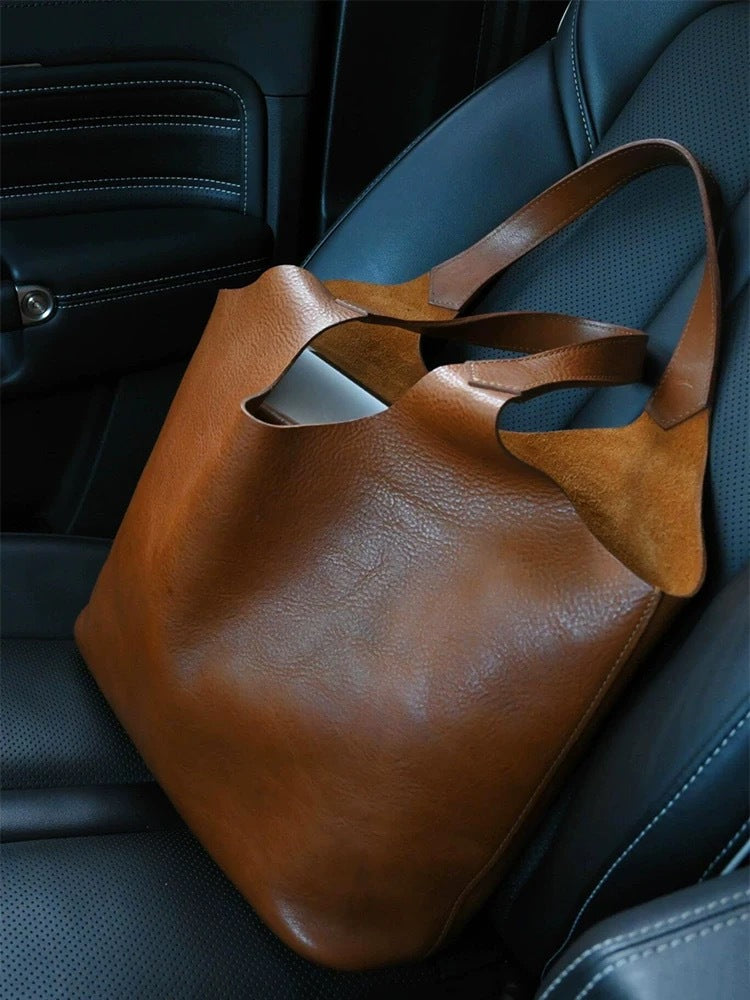Cognac Brown Leather Tote Bag - Soft Slouchy Hobo with Knotted Handles | Minimalist Everyday Shoulder Bag